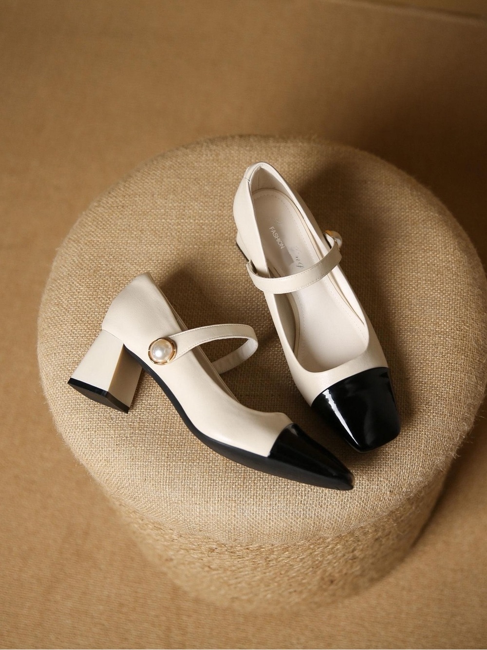 Chunky Mary Jane Pumps in Cream with Black Cap Toe